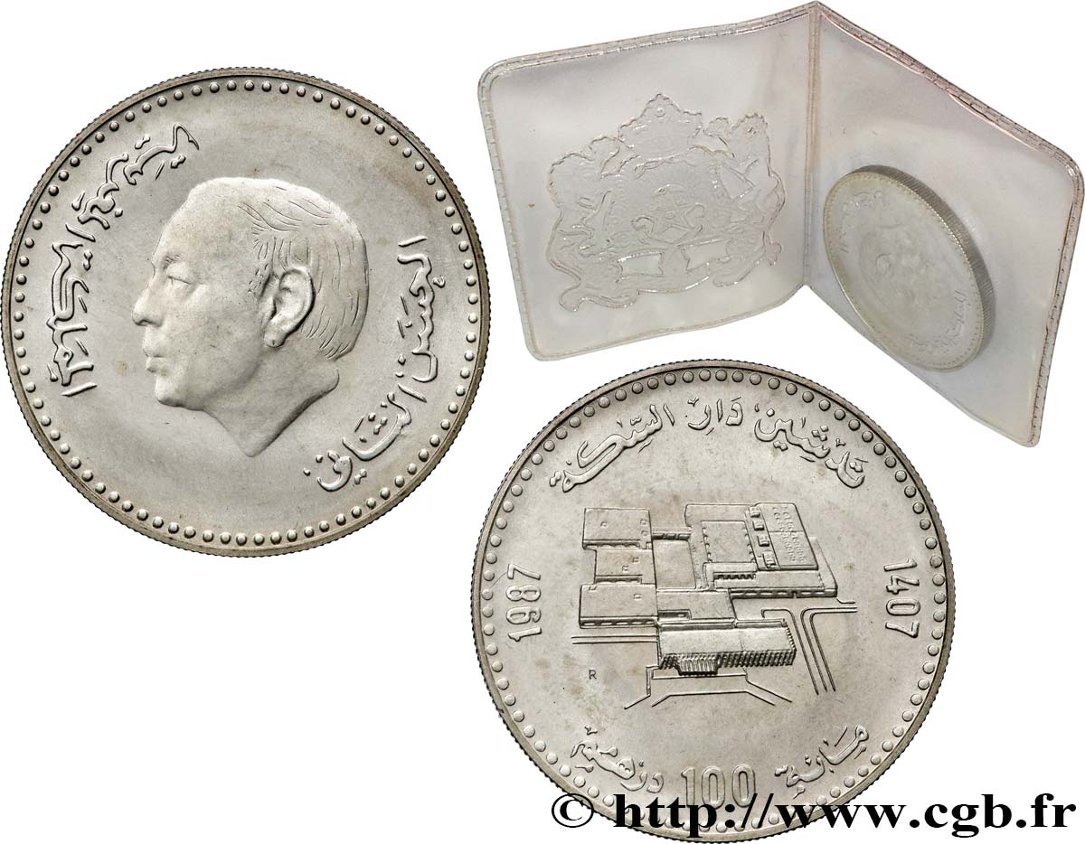 MAROKKO 100 Dirhams Proof Hassan II AH 1407 - Inauguration atelier monétaire de Rabat 1987  ST 