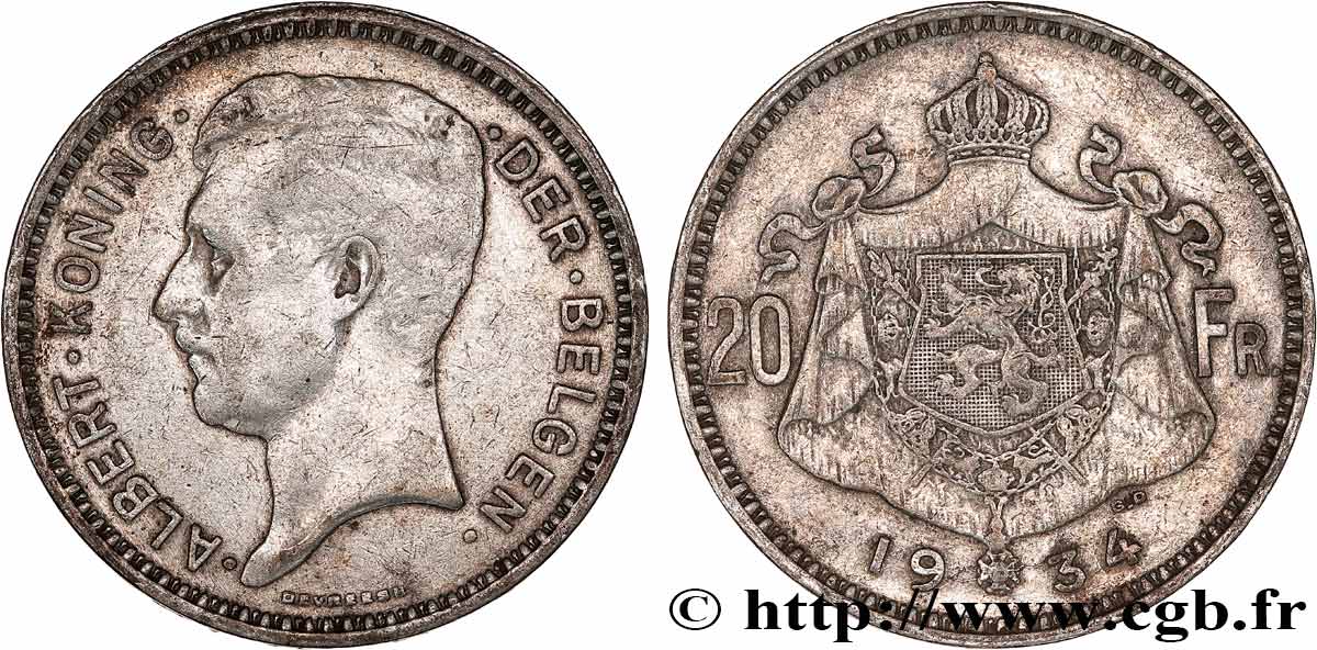 BELGIQUE 20 Francs Albert Ier légende Flamande 1934  TB+ 