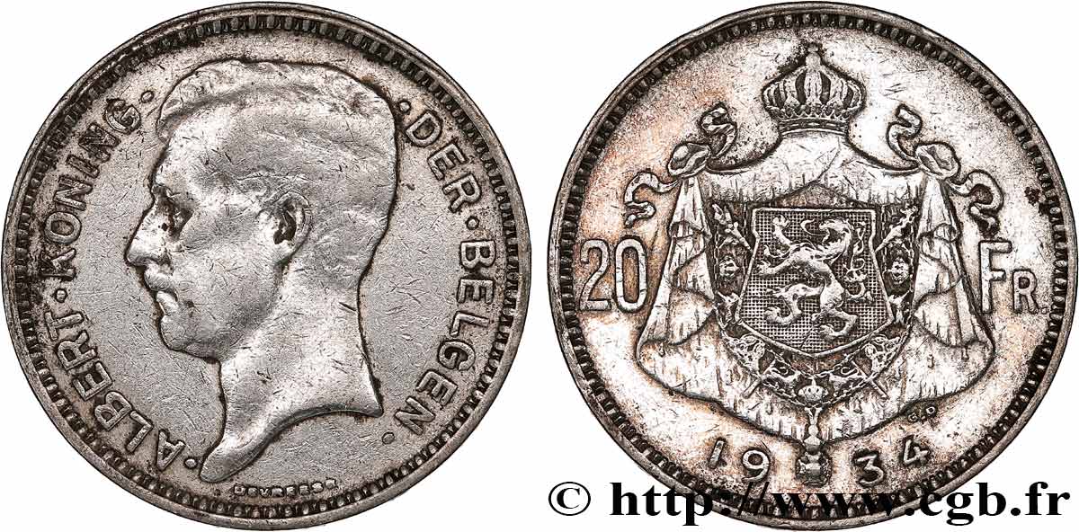 BELGIQUE 20 Francs Albert Ier légende Flamande 1934  TB+ 
