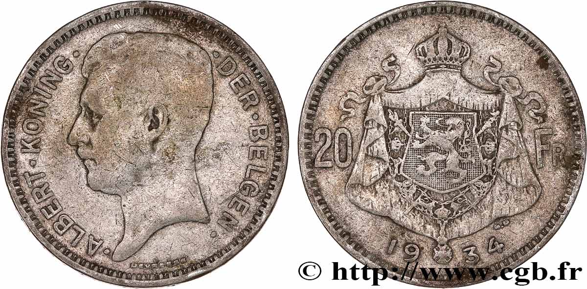 BÉLGICA 20 Francs Albert Ier légende Flamande 1934  BC+ 