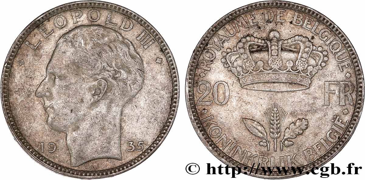 BELGIQUE 20 Francs Léopold III  1935  TB+ 