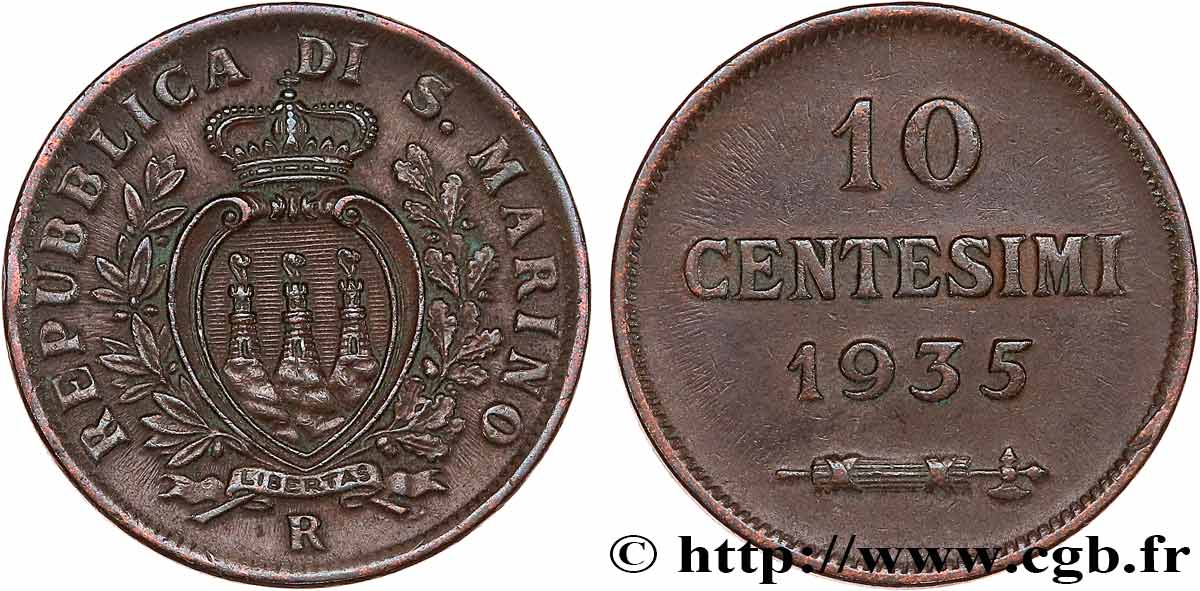 SAINT-MARIN 10 Centesimi écu aux trois tours 1935 Rome - R TTB+ 