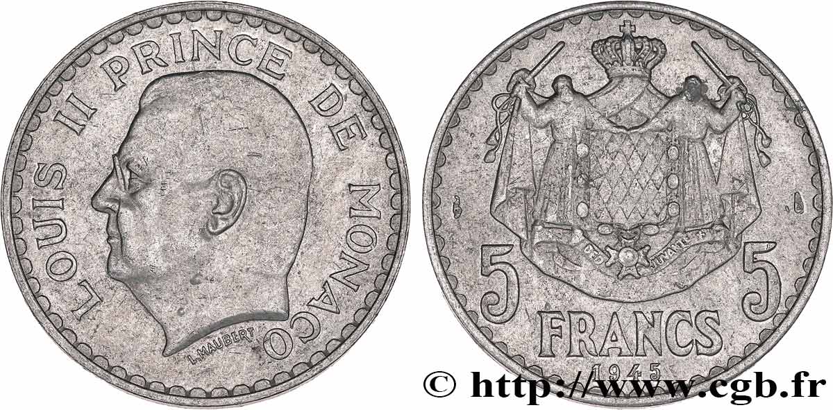 MONACO 5 Francs Louis II 1945 Paris BB 