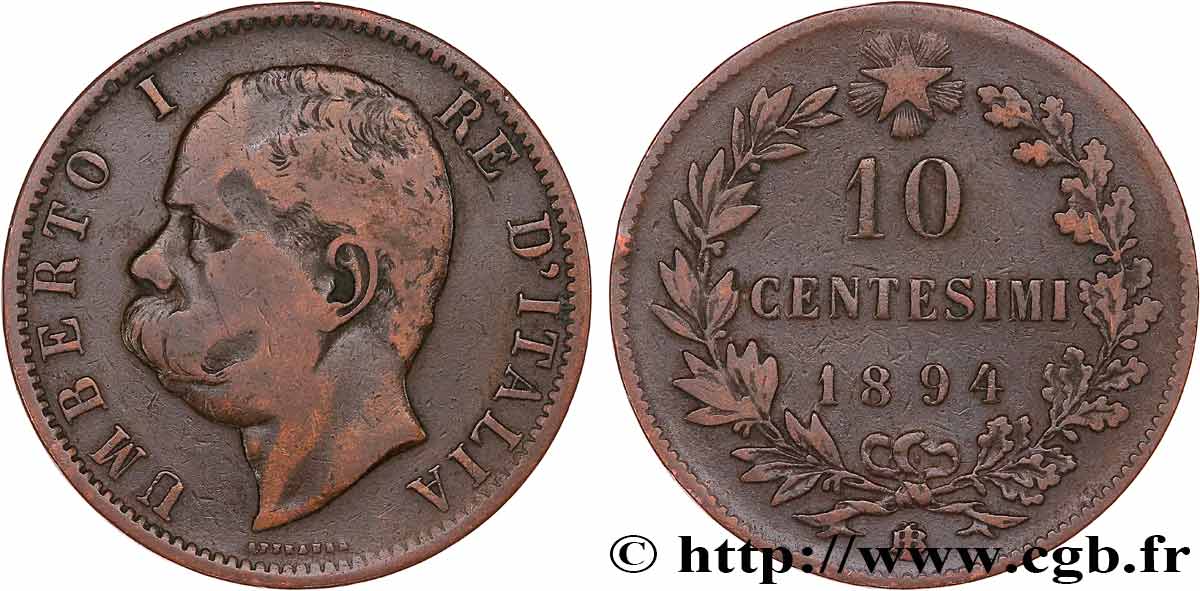 ITALY 10 Centesimi Humbert Ier 1894 Birmingham VF 