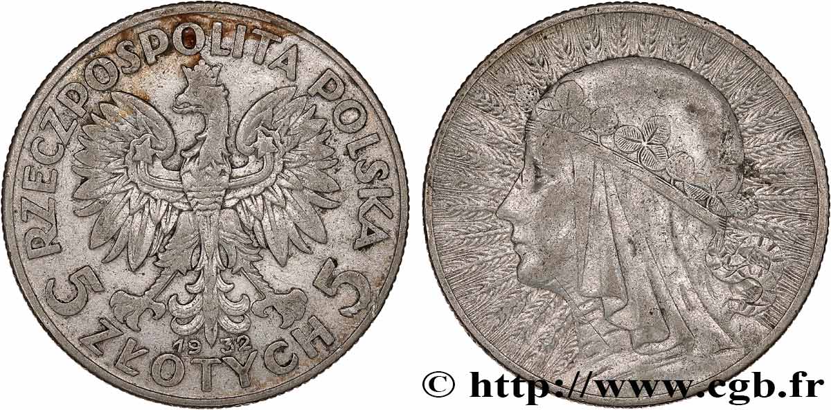 POLONIA 5 Zlotych aigle / reine Jadwiga 1932 Londres q.BB 