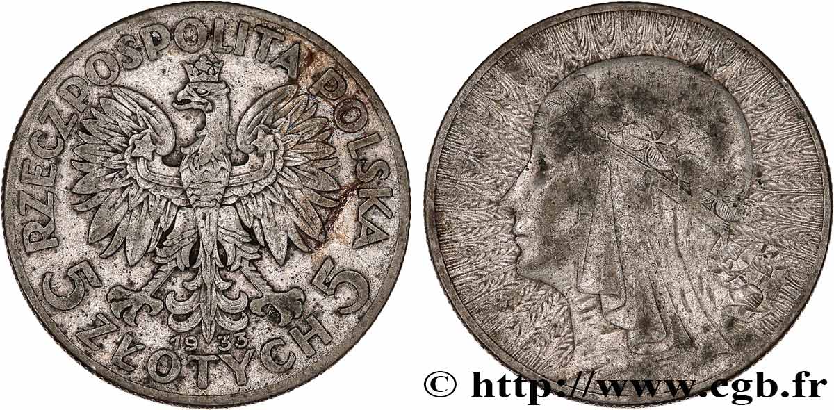POLONIA 5 Zlotych reine Jadwiga 1933 Varsovie BC+ 