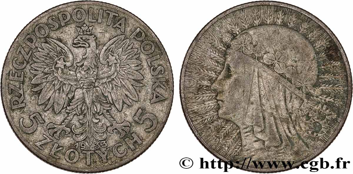 POLONIA 5 Zlotych reine Jadwiga 1933 Varsovie BC+ 