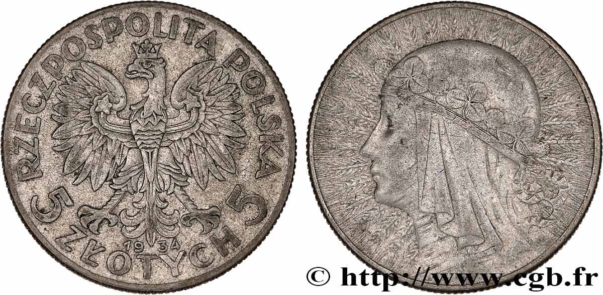 POLONIA 5 Zlotych Reine Jadwiga 1934 Varsovie BB 