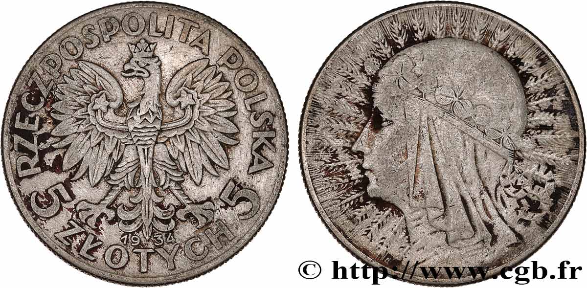 POLAND 5 Zlotych Reine Jadwiga 1934 Varsovie VF 