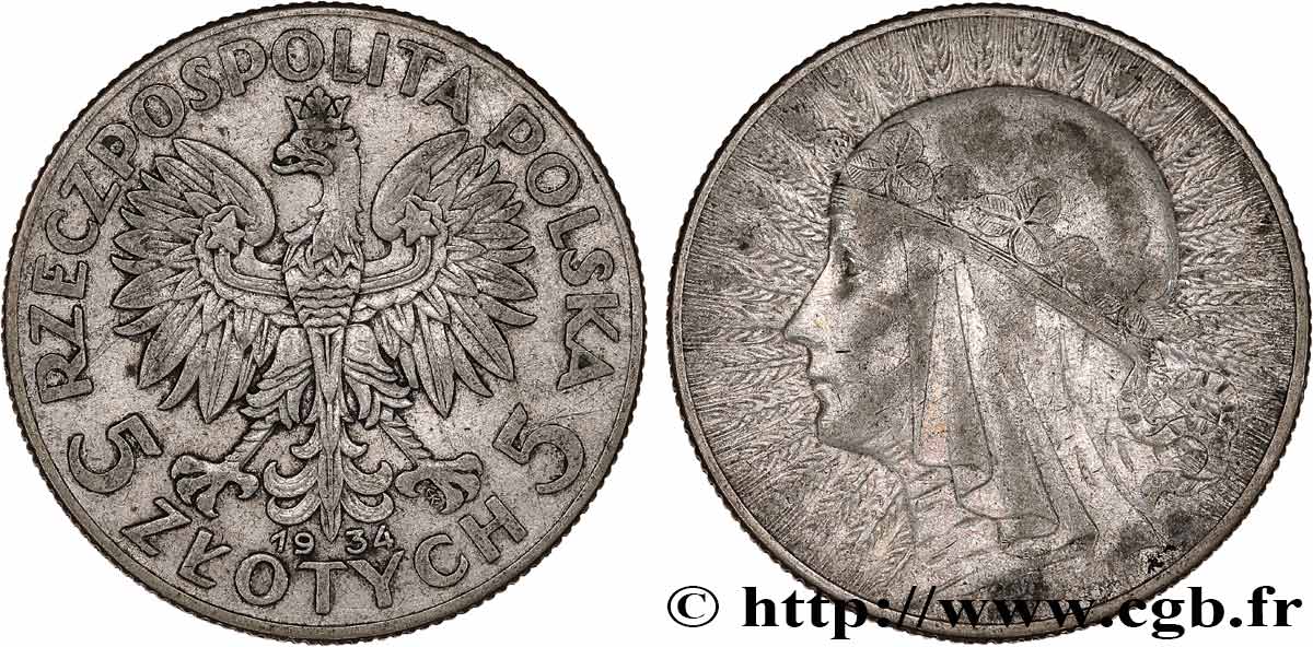 POLOGNE 5 Zlotych Reine Jadwiga 1934 Varsovie TB+ 