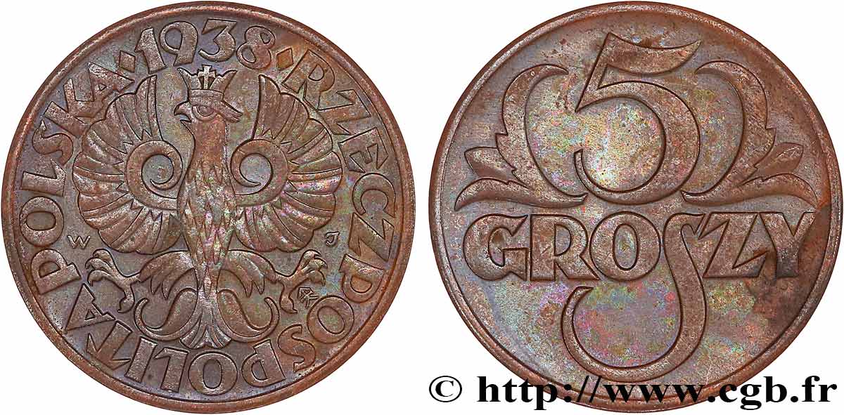 POLONIA 5 Groszy aigle 1938 Varsovie BB 