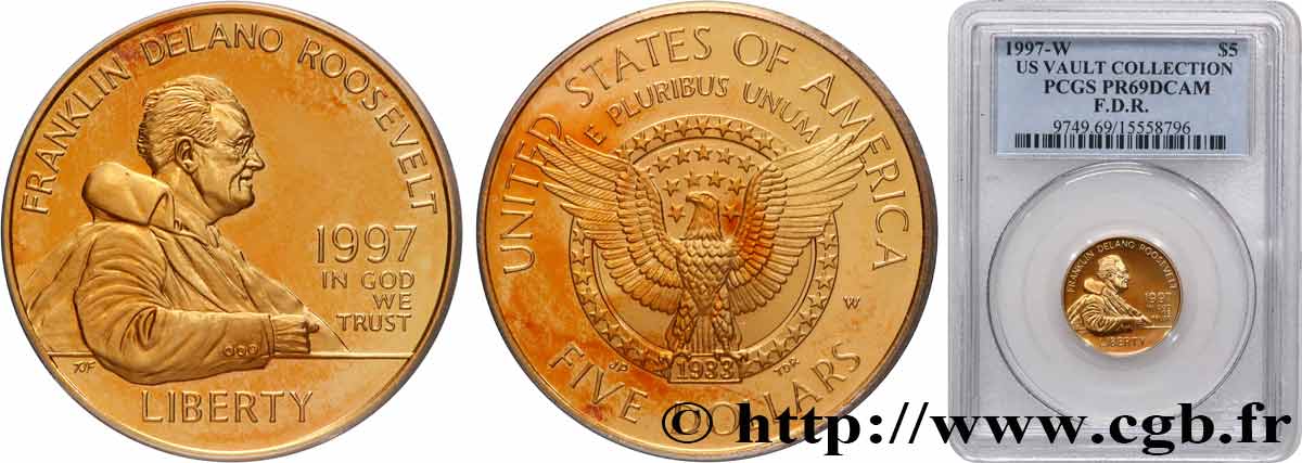 ÉTATS-UNIS D AMÉRIQUE 5 Dollars Proof Franklin Delano Roosevelt 1997 West Point FDC69 PCGS