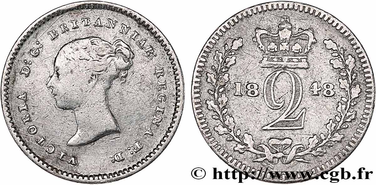 UNITED KINGDOM 2 Pence Victoria tête jeune 1848 Londres VF 