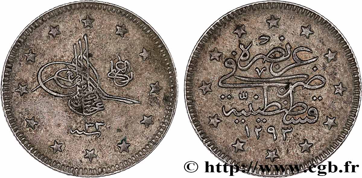 TURQUIE 2 Kurush Abdul Hamid II an 33 AH 1293 (1907) Constantinople TTB 