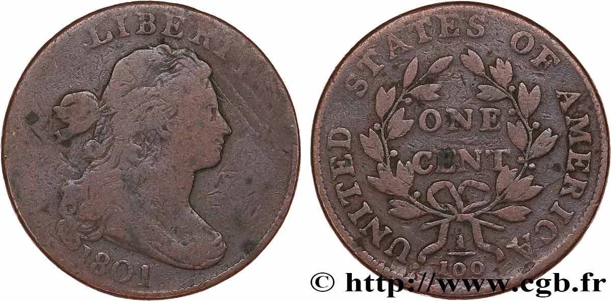 ÉTATS-UNIS D AMÉRIQUE 1 Cent “Draped Bust” 1801 Philadelphie B+ 