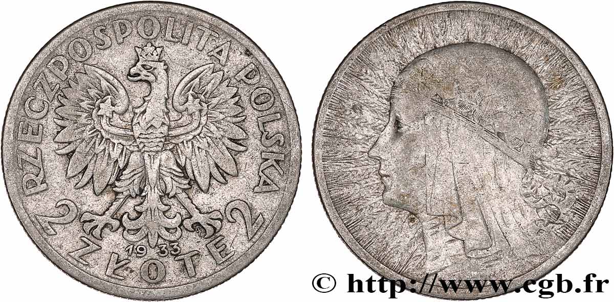 POLOGNE 2 Zlote reine Jadwiga 1933 Varsovie TB+ 