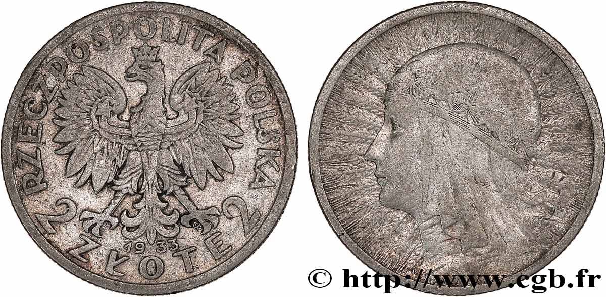 POLONIA 2 Zlote reine Jadwiga 1933 Varsovie BC+ 