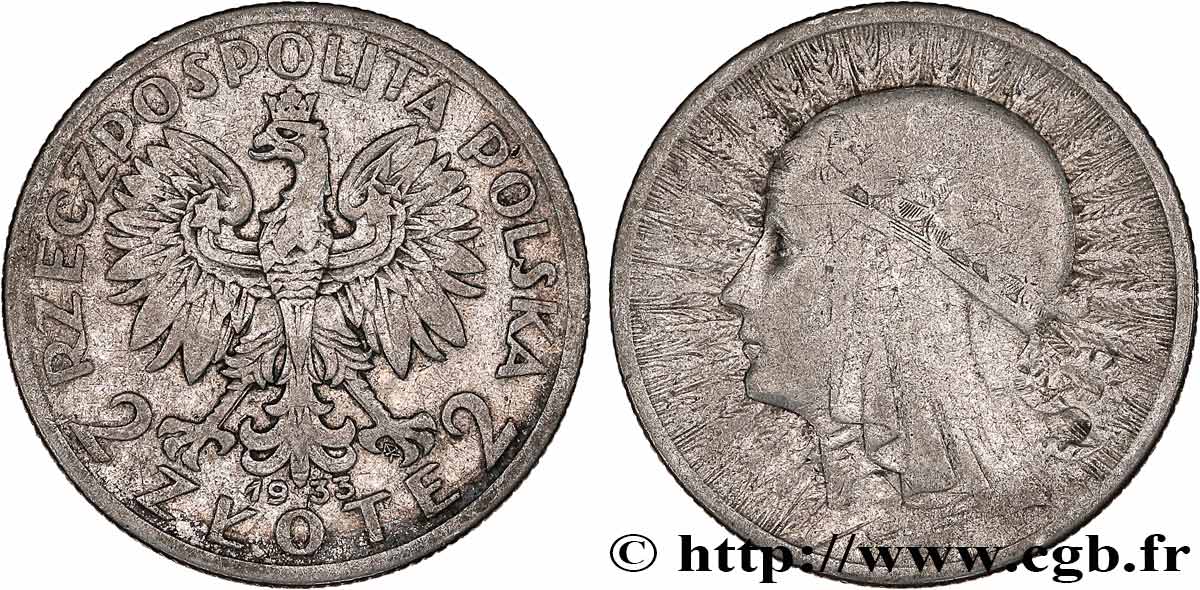 POLONIA 2 Zlote reine Jadwiga 1933 Varsovie q.BB 