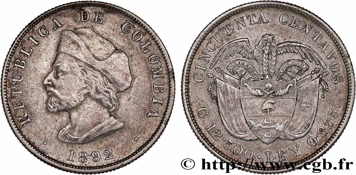COLOMBIA 50 Centavos 1892  XF 