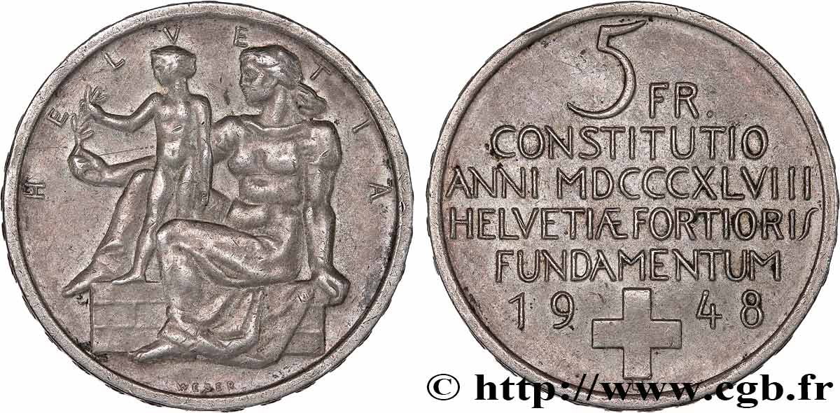 SCHWEIZ 5 Francs centenaire de la constitution suisse 1948 Berne fVZ 