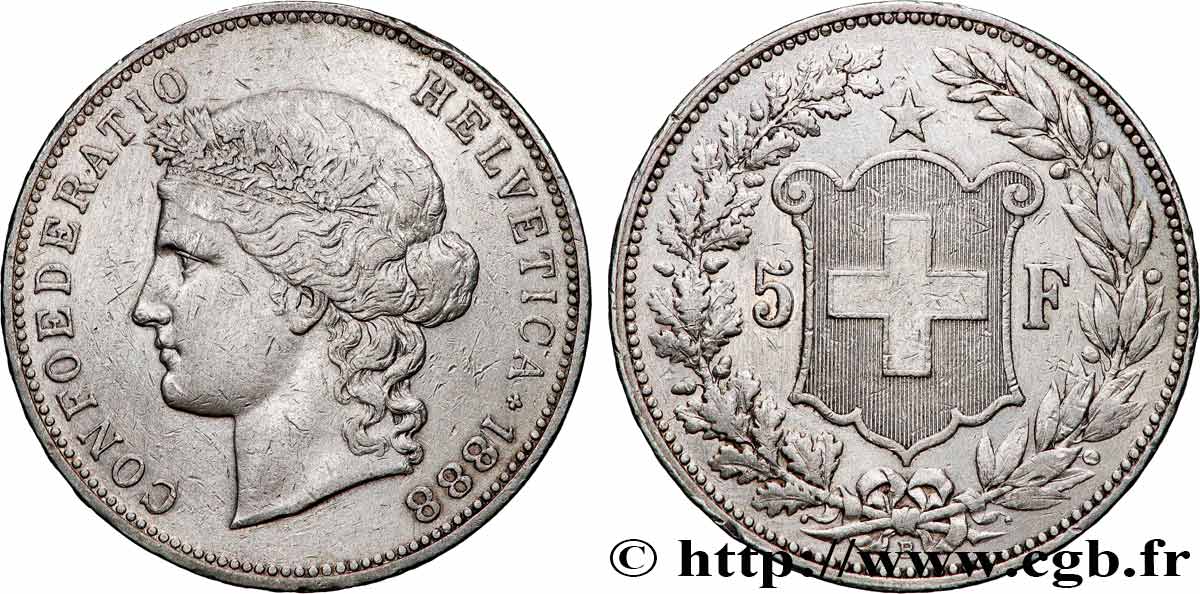 SWITZERLAND 5 Francs Helvetia buste 1888 Berne XF 