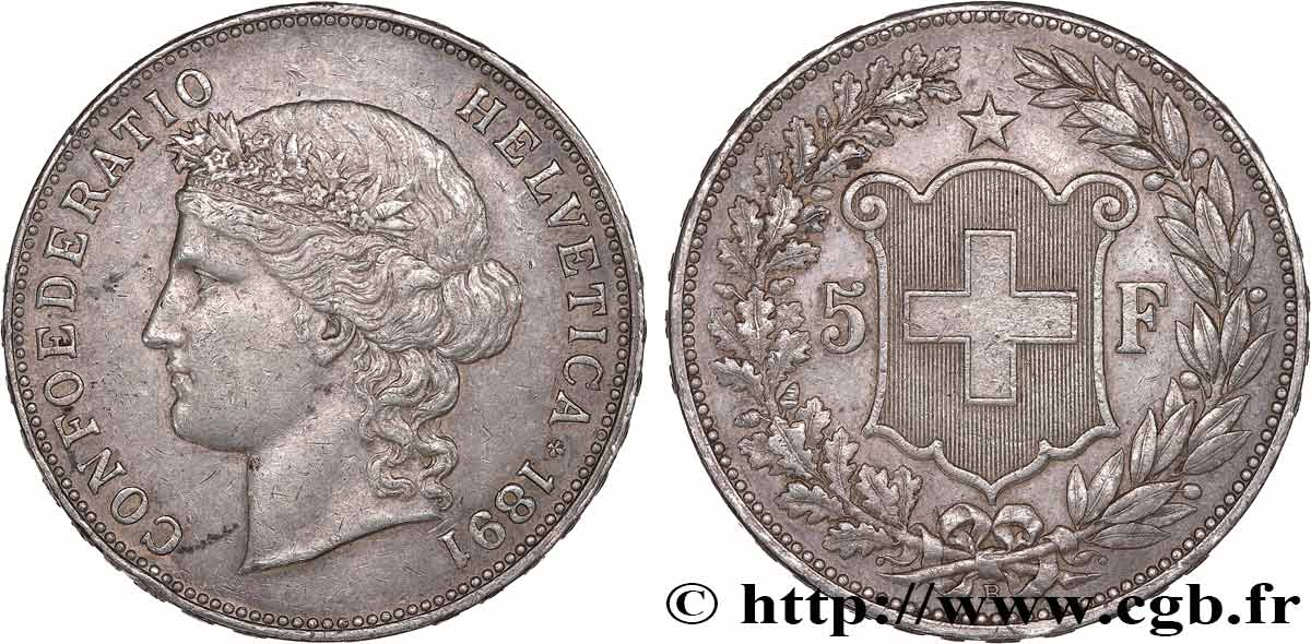 SCHWEIZ 5 Francs Helvetia 1891 Berne SS 