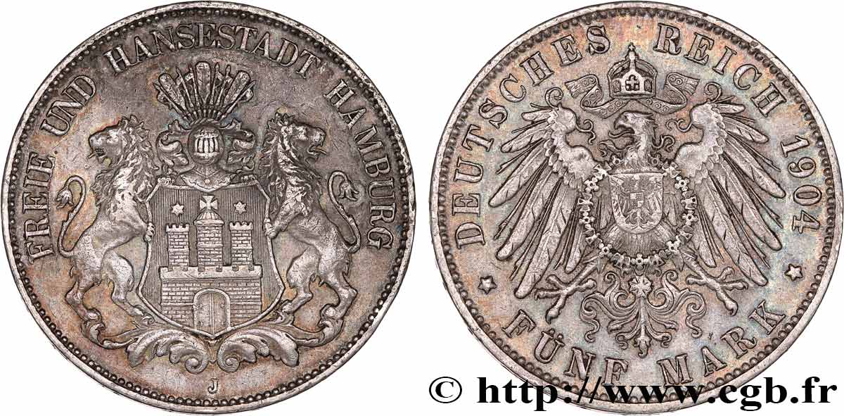 GERMANY - FREE CITY OF HAMBURG 5 Mark blason de Hambourg 1904 Hambourg XF 