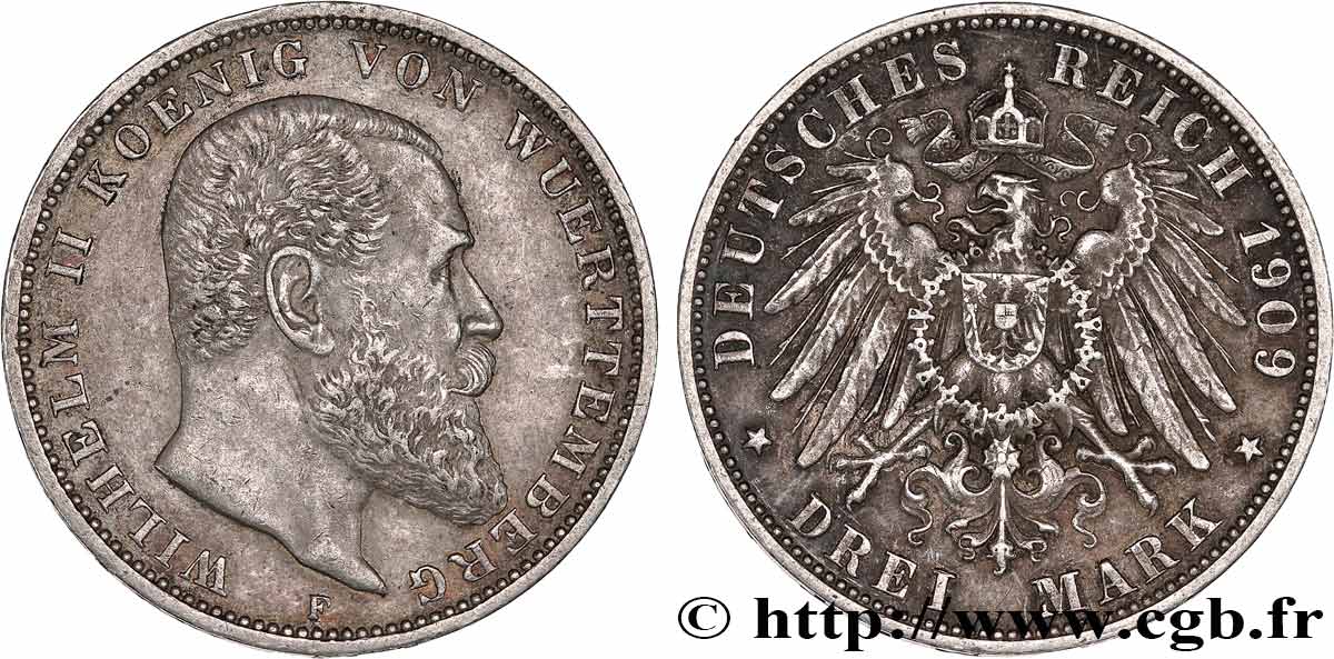 ALLEMAGNE - ROYAUME DE WURTEMBERG GUILLAUME II 3 Mark  1909 Stuttgart XF 