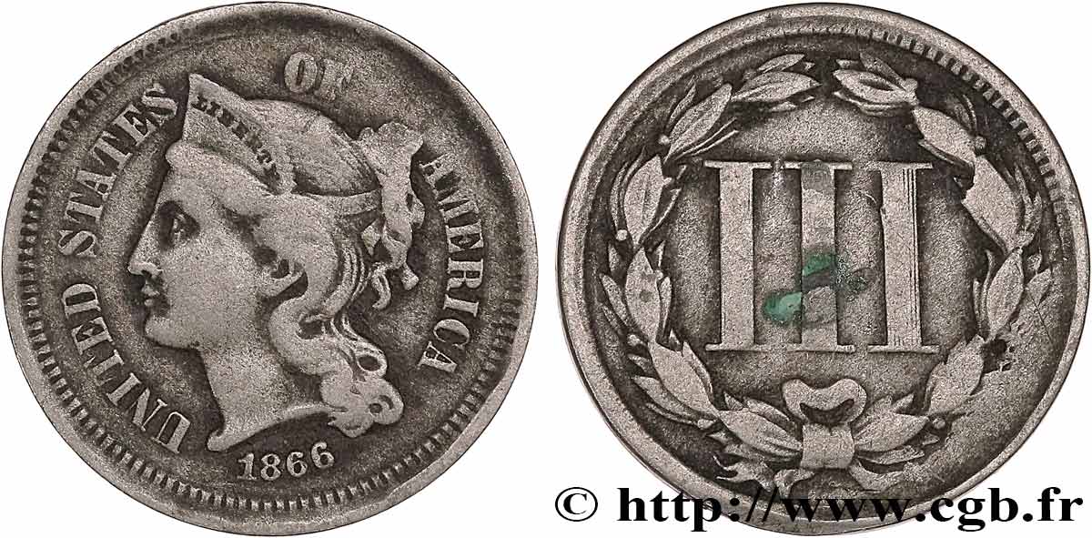 ÉTATS-UNIS D AMÉRIQUE 3 Cents 1866 Philadelphie TB+ 