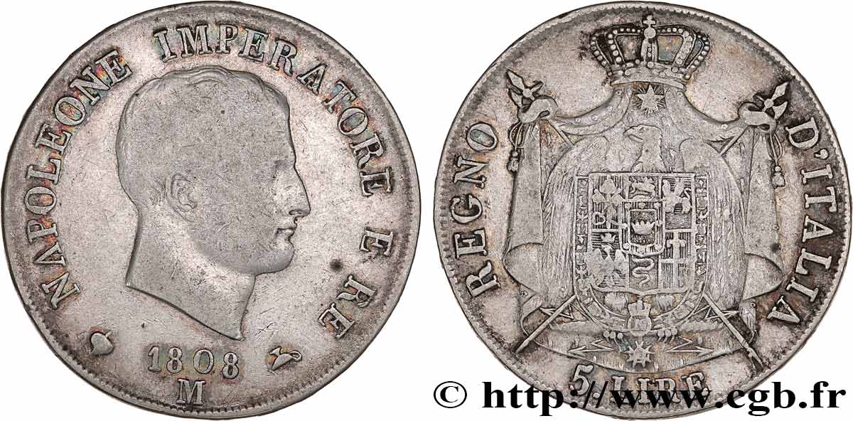 ITALIE - ROYAUME D ITALIE - NAPOLÉON Ier 5 Lire 1808 Milan TB 