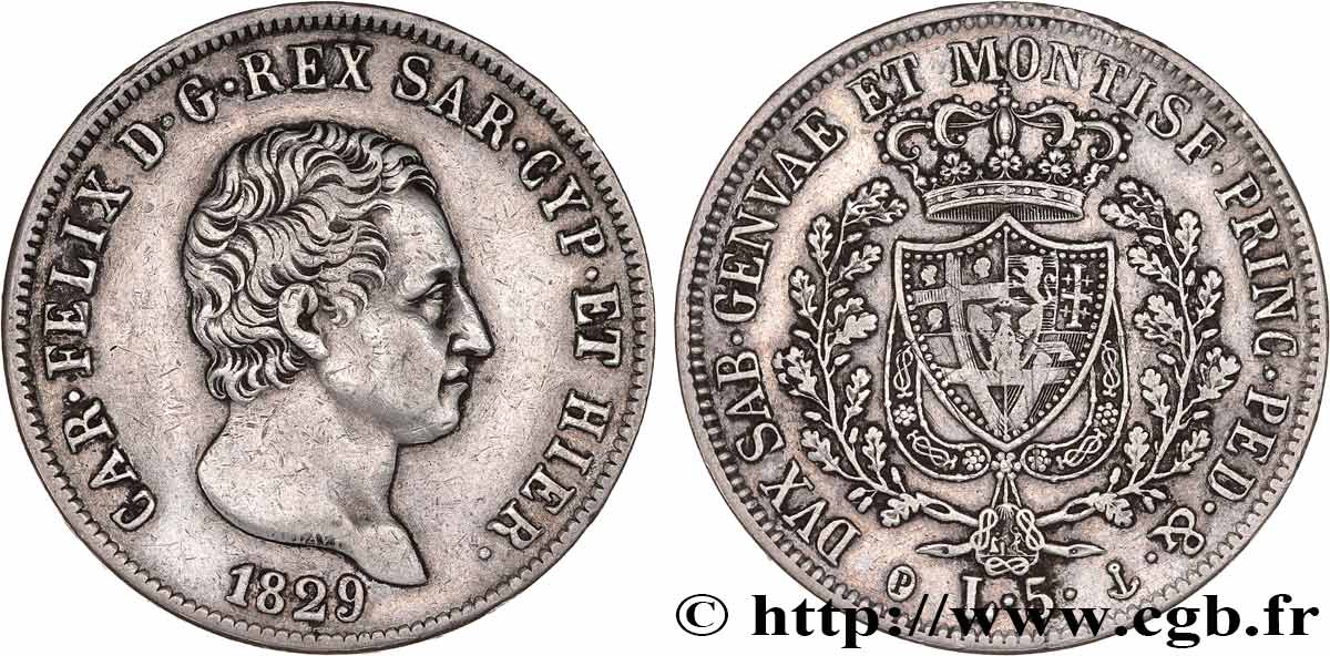 ITALIE - ROYAUME DE SARDAIGNE - CHARLES-FÉLIX 5 Lire  1829 Gênes TTB 
