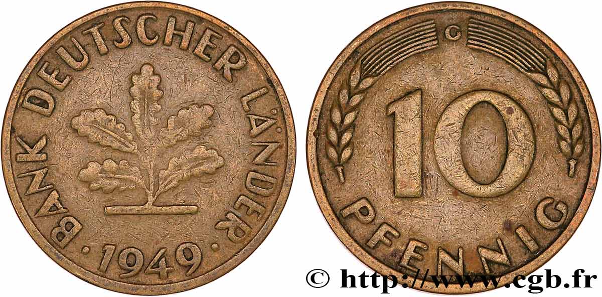 10 Pfennig Bank Deutscher Länder 1949 G Wert ALLEMAGNE 10 Pfennig “Bank deutscher Länder” 1949 Karlruhe - G fwo