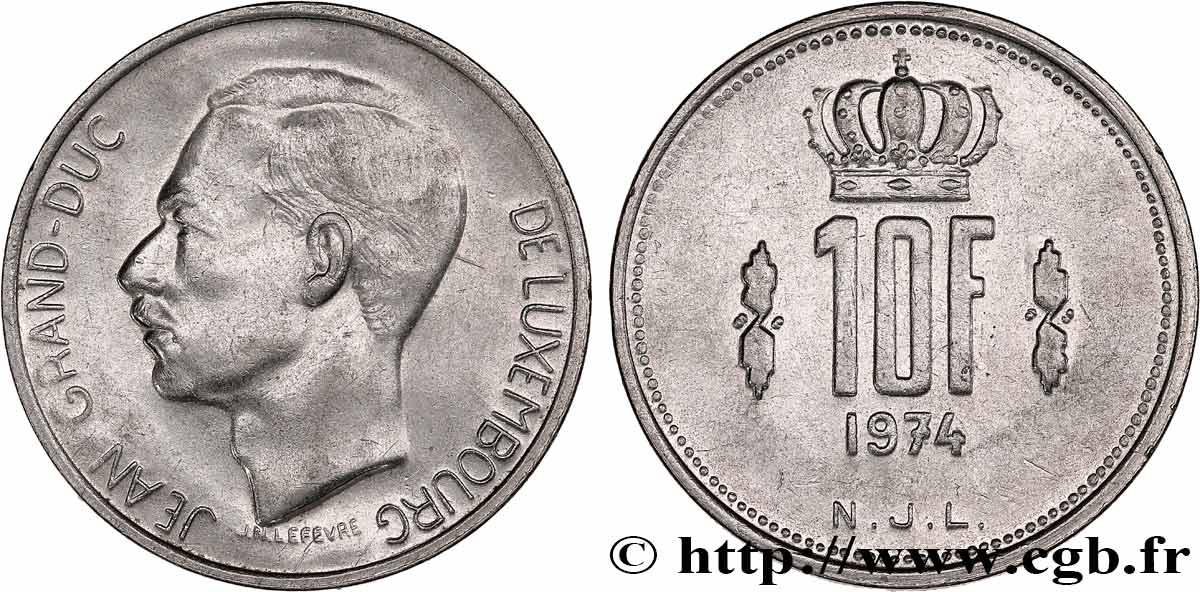 LUXEMBOURG 10 Francs Grand-Duc Jean 1974  AU 