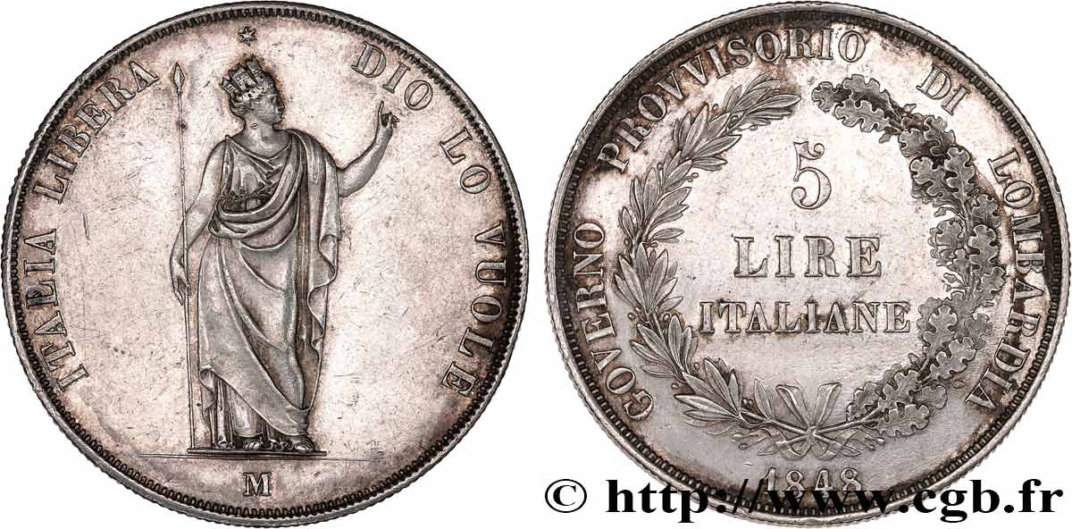ITALIA - LOMBARDIA 5 Lire Gouvernement provisoire de Lombardie 1848 Milan q.SPL 