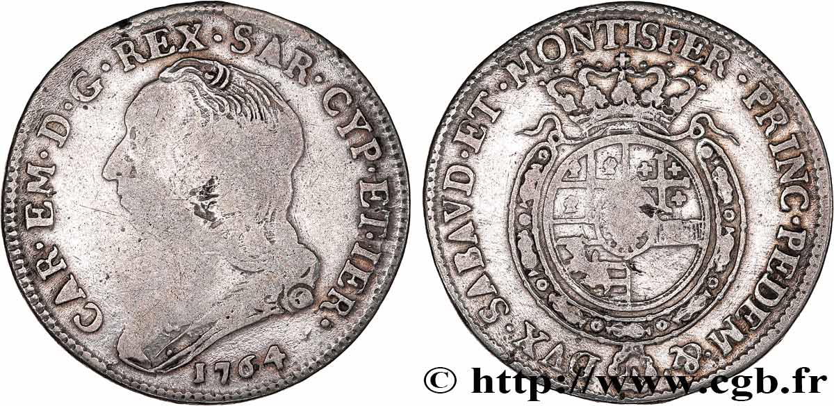 SAVOY - DUCHY OF SAVOY - CHARLES-EMMANUEL III Quart d’écu (quarto di scudo) 1764 Turin VF/VF 