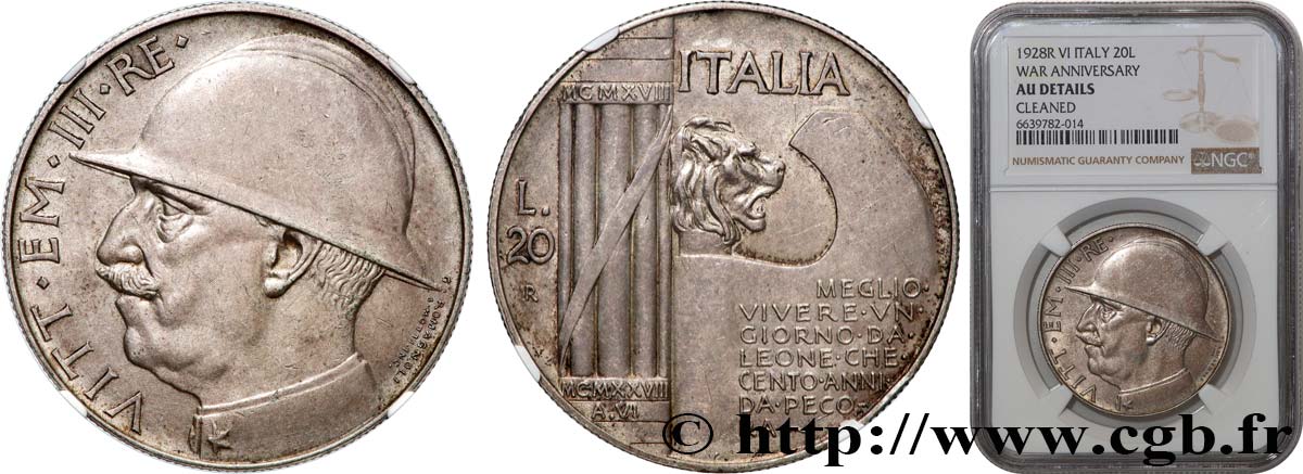 ITALY - KINGDOM OF ITALY - VICTOR-EMMANUEL III 20 Lire, 10e anniversaire de la fin de la Première Guerre mondiale 1928 Rome AU NGC