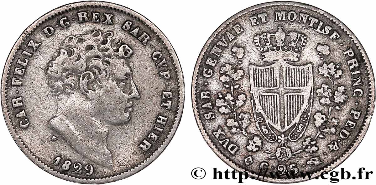 ITALY - KINGDOM OF SARDINIA - CHARLES-FELIX 25 Centesimi  L 1829 Turin XF 