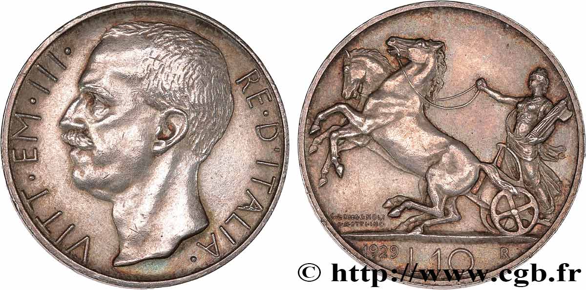 ITALIEN - ITALIEN KÖNIGREICH - VIKTOR EMANUEL III. 10 Lire char antique 1929 Rome VZ 