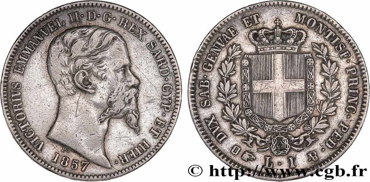 ITALY - KINGDOM OF SARDINIA - VICTOR-EMMANUEL II 1 Lire 1857 Turin XF 