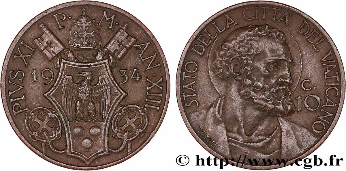 VATICAN ET ÉTATS PONTIFICAUX 10 Centesimi frappe au nom de Pie XI an XIII 1934 Rome TTB+ 