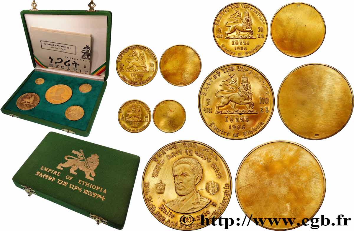 ETHIOPIA Coffret de 5 Épreuves uniface en bronze doré : 200 dollars, 100 dollars, 50 dollars, 20 dollars et 10 dollars Proof 1966  MS 