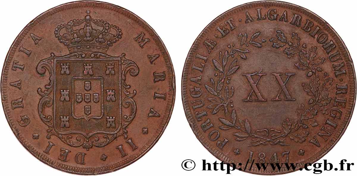 PORTUGAL - MARIA II  20 Reis  1847  XF 