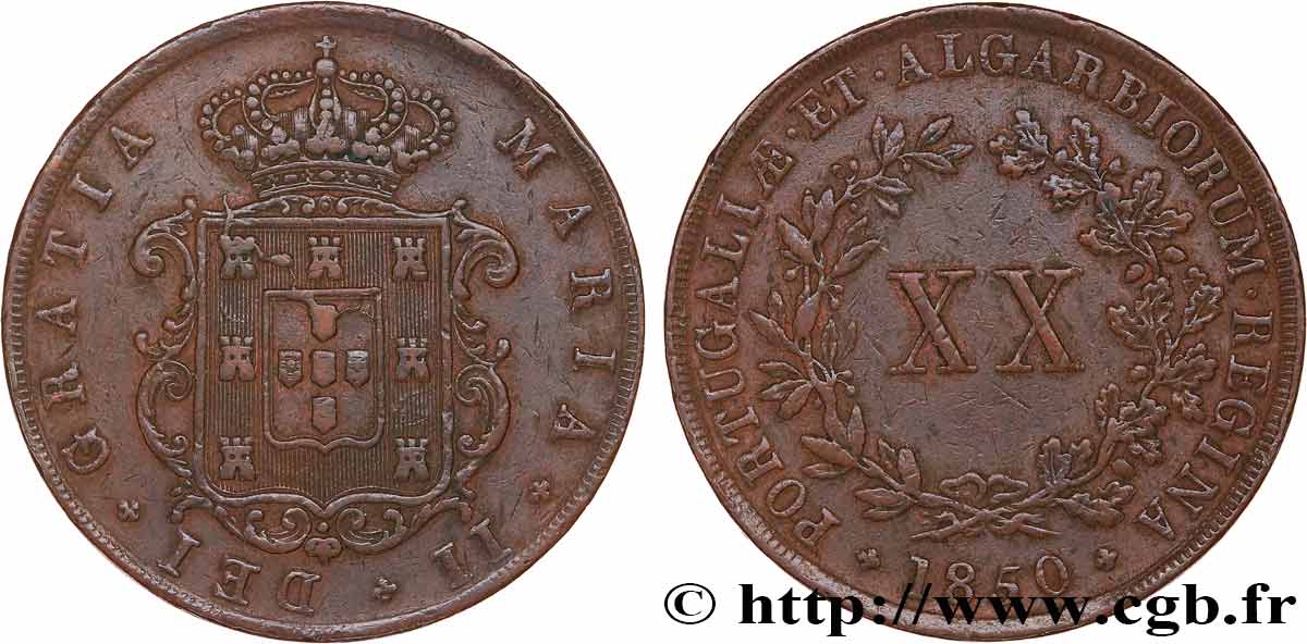 PORTUGAL - MARIA II  20 Reis  1850  XF 