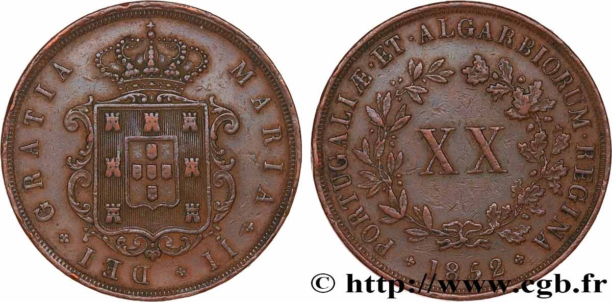 PORTUGAL -MARIE II  20 Reis  1852  XF 