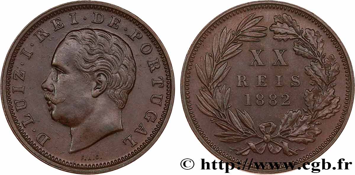 PORTUGAL - ROYAUME DU PORTUGAL - LOUIS Ier 20 Réis  1882  TTB+ 