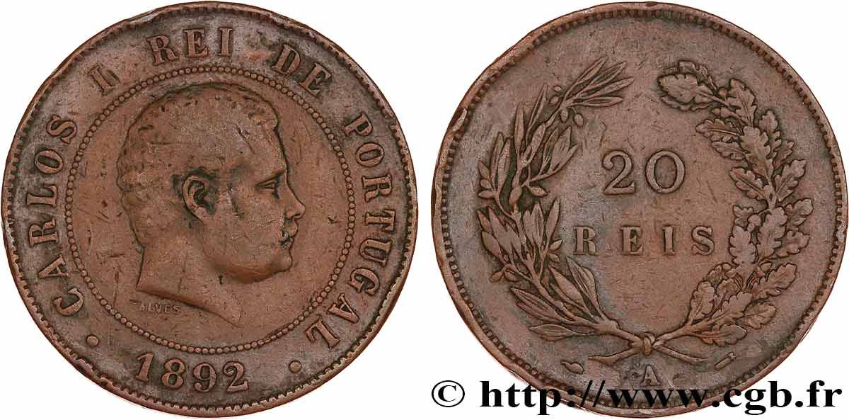 PORTUGAL - KINGDOM OF PORTUGAL - CARLOS I 20 Réis  1892 Paris - A VF 