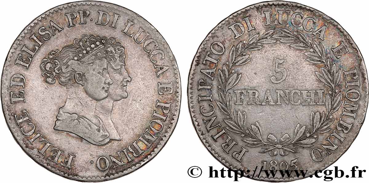 ITALY - PRINCIPALTY OF LUCCA AND PIOMBINO - FELIX BACCIOCHI AND ELISA BONAPARTE 5 Franchi - moyens bustes 1805 Florence VF 
