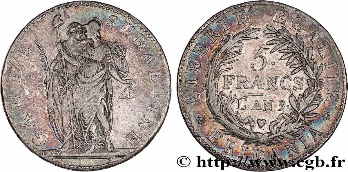 ITALY - SUBALPINE GAUL 5 Francs an 9 1801 Turin VF 