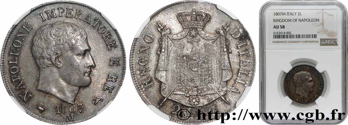 ITALIA - REINO DE ITALIA - NAPOLEóNE I 2 Lire Napoléon Empereur et Roi d’Italie  1807 Milan  EBC58 NGC