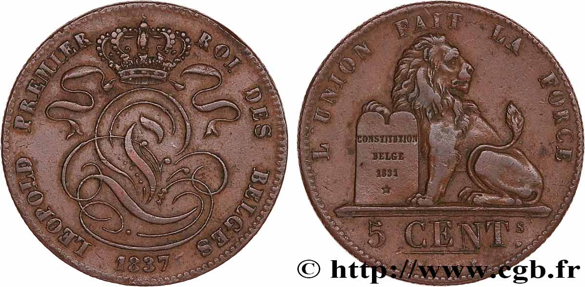 BELGIO 5 Centimes Léopold Ier 1837  q.SPL/BB 